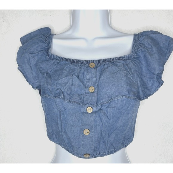 Haute Monde Tops - Haute Mende Blue Jean Ruffle Off Shoulder Crop Top Medium Peasant